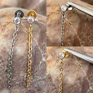 ASTM F136 Titanium 3mm Bezel Set Clear Cubic Zirconia Gem Dangle Chain Drop Labret 1.2mm 6/8mm