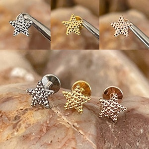 ASTM F136 Titanium Star Pitted Hammer Effect Internally Threaded Labret Tragus Monroe Cartilage Stud 1.2mm 6/8mm