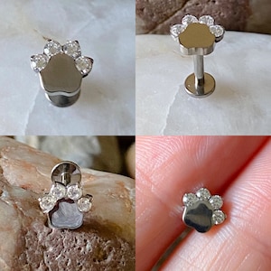 ASTM F136 Titanium Cubic Zirconia Gem Paw Print Labret Helix Conch Cartilage Tragus 1.2mm 6/8mm