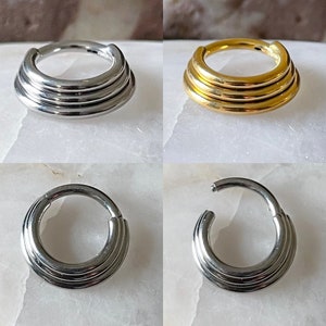 Silver or Gold Triple Stack Hinged Septum Clicker Daith Rook Ring 1.2mm 8mm