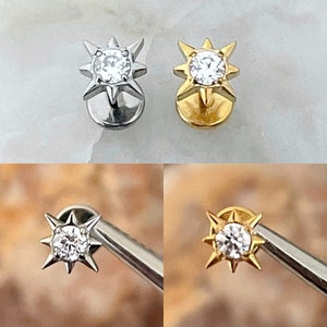 ASTM F136 Titanium Pointed Star With Gem Centre Labret Helix Conch Cartilage Tragus 1.2mm 6mm/8mm