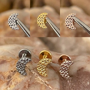 ASTM F136 Titanium Moon Pitted Hammer Effect Internally Threaded Labret Tragus Monroe Cartilage Stud 1.2mm 6/8mm