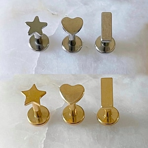 ASTM F136 Titanium Star/Heart/Rectangle Internally Threaded Labret Tragus Monroe Cartilage Stud 1.2mm 6/8mm