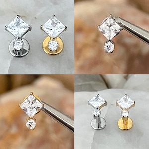 ASTM F136 Titanium Square & Round Cubic Zirconia Gem Double Drop Charm Effect Labret Helix Conch Cartilage Tragus 1.2mm 6/8mm
