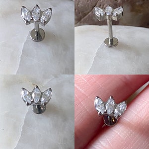 ASTM F136 Titanium Cubic Zirconia Gem Marquise Triple Fan  Internally Threaded Labret Tragus Monroe Cartilage Stud
