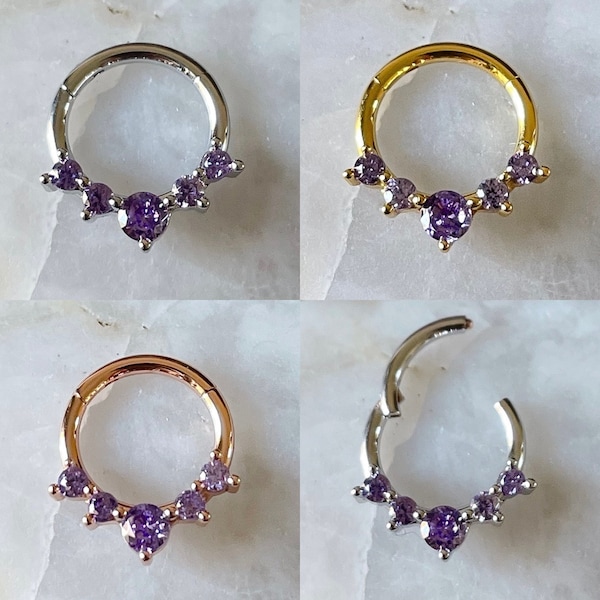 5 x Violet Purple Gem Hinged Septum Clicker Daith Rook Ear Ring 1.2mm 8mm - 3 Colours