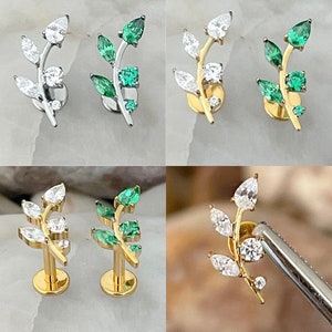 ASTM F136 Titanium Vine Leaf Climber Gem Cluster Labret Helix Conch Cartilage Tragus 1.2mm 6mm 8mm