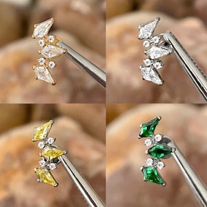 ASTM F136 Titanium Triple Kite & Round Cubic Zirconia Gem Curved Cluster Labret Helix Conch Cartilage Tragus 1.2mm 6/8mm