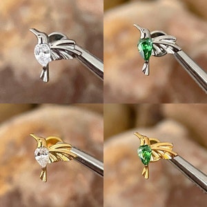 ASTM F136 Titanium Humming Bird with Pear Teardrop Gem Internally Threaded Labret Helix Conch Cartilage Tragus 1.2mm 6/8mm