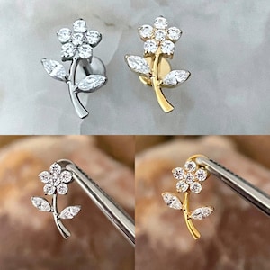 ASTM F136 Titanium Flower Petal Gem Cluster Labret Helix Conch Cartilage Tragus 1.2mm 6/8mm