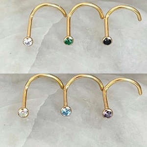 ASTM F136 Titanium Gold 2mm Bezel Set Cubic Zirconia Gem Curved Screw Shaped Nose Stud 0.8mm - Choice of 6 Colours