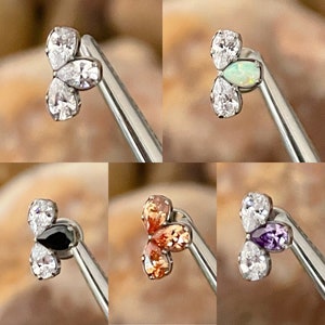 ASTM F136 Titanium Triple Pear/Teardrop Cubic Zirconia Gem/ Opal Labret Helix Conch Flat Tragus 1.2mm 6/8mm