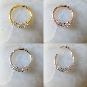 Triple Gem Hinged Septum Clicker Daith Rook Ear Ring 1.2mm 8mm or 10mm - 3 Colours