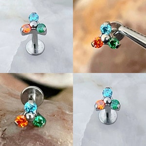 ASTM F136 Titanium Emerald Green, Orange & Aqua Blue Gem Trinity Claw Labret Helix Conch Cartilage Tragus  1.2mm 6/8mm