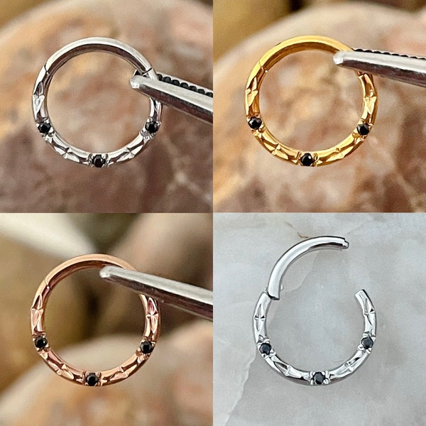 Black Paved & Oval Cut Effect Hinged Septum Clicker Daith Rook Ear Ring 1.2mm 8mm