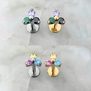 ASTM F136 Titanium Rainbow Multicoloured Gem Trinity Claw Labret Helix Conch Cartilage Tragus  1.2mm 6mm/8mm