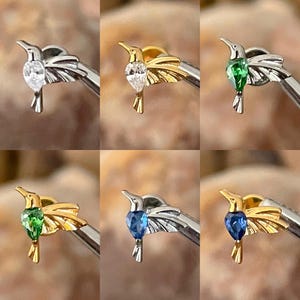 ASTM F136 Titanium Humming Bird with Pear Teardrop Gem Internally Threaded Labret Helix Conch Cartilage Tragus 1.2mm 6/8mm