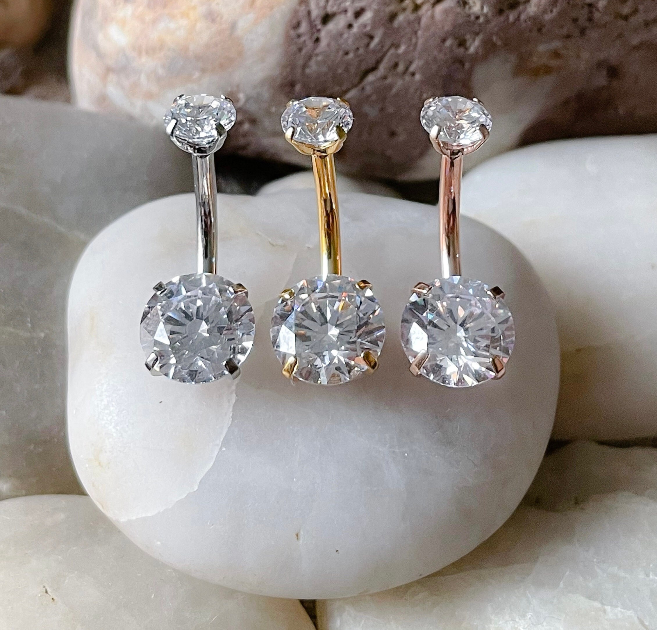 Rose Gold IP Surgical Steel Double Gem Navel Ring – 14G 16G Belly Button Jewelry