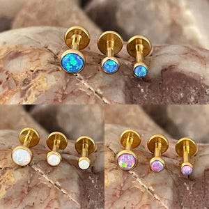 ASTM F136 Titanium Gold 2.5mm/3mm/4mm - Blue/White/Purple Opal Bezel Set Labret Helix Conch Lip Monroe Tragus 1.2mm 6/8mm