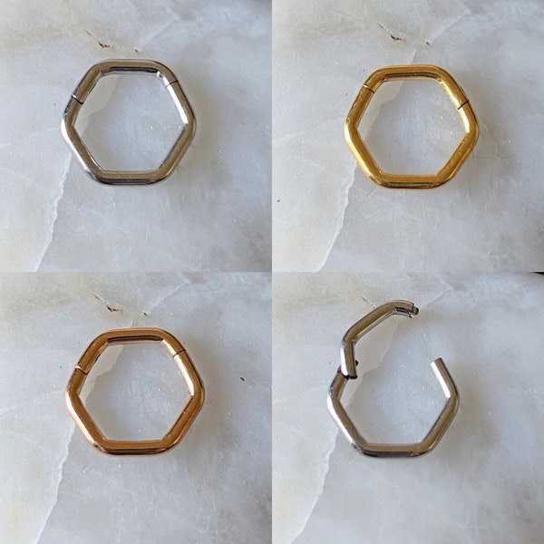 Hexagon Segment Hinged Septum Clicker Daith Rook Ear Ring 1.2mm 8mm - Choice of 3 Colours