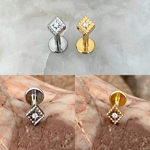 ASTM F136 Titanium Tiny Rhombus Fine Pattern Front Edge Effect Cubic Zirconia Gem Centre Labret Helix Conch Cartilage Tragus 1.2mm 6/8mm