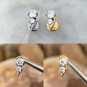 ASTM F136 Titanium Tiny Double Round Cubic Zirconia Gem Flower Petal Effect Curved Stem Labret Helix Conch Cartilage Tragus 1.2mm 6/8mm