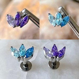 ASTM F136 Titanium Ombre Effect Cubic Zirconia Gem Marquise Triple Fan Internally Threaded Labret Tragus Monroe Cartilage 1.2mm 6/8mm
