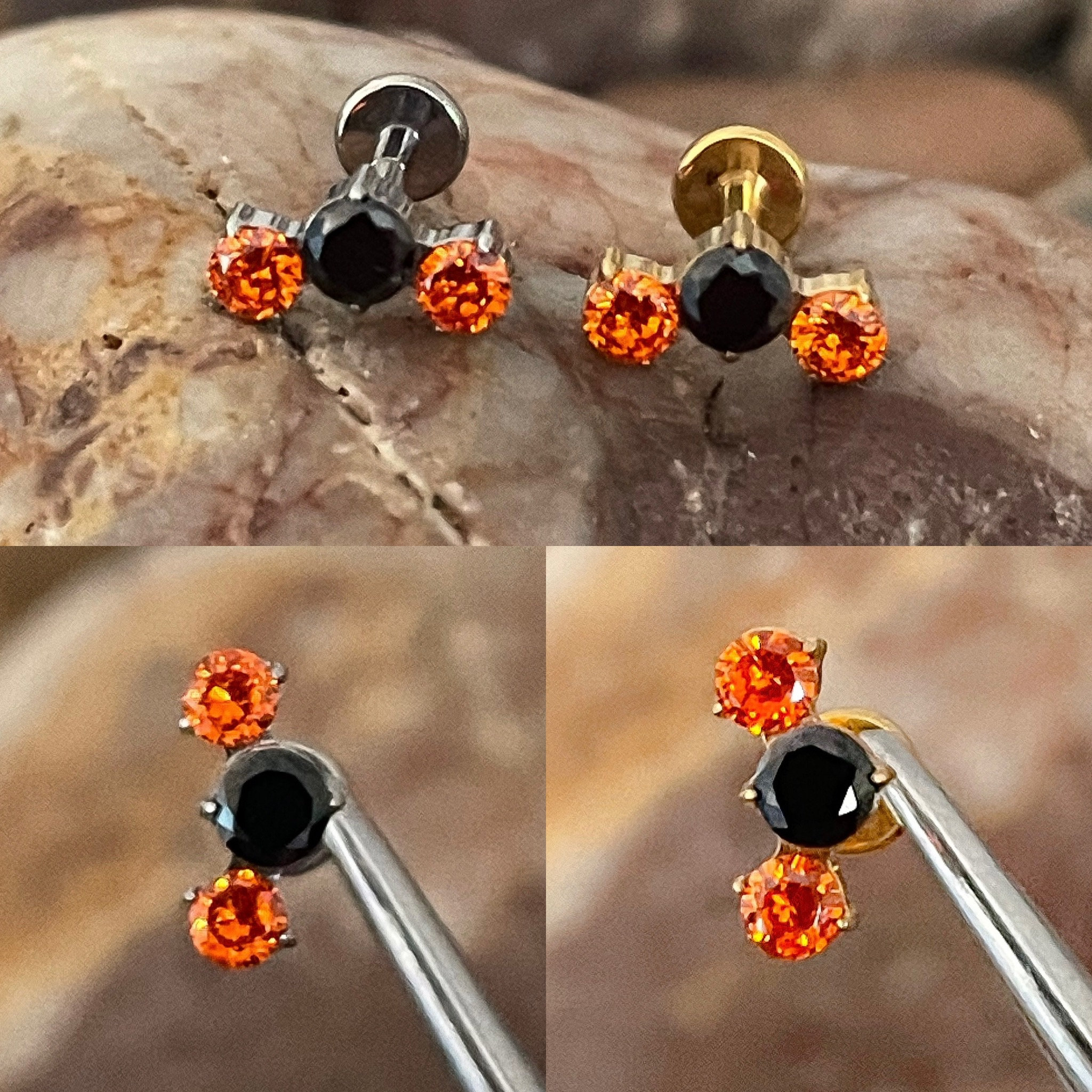 ASTM F136 Titanium Orange & Black Triple Cubic Zirconia Gem Prong