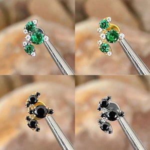 ASTM F136 Titanium Emerald Green/Black Marquise Lotus Flower Petal Leaf Effect Cluster Cubic Zirconia Gem Labret 1.2mm 6/8mm