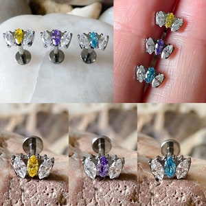 ASTM F136 Titanium Cubic Zirconia Gem Marquise Triple Fan Internally Threaded Labret Tragus Monroe Cartilage Stud - 3 Colours