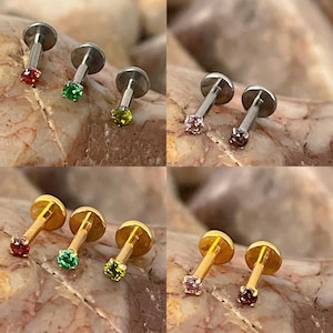 ASTM F136 Titanium Tiny 2mm Round Gem Prong Set Labret Cartilage Helix Tragus 1.2mm 6/8mm