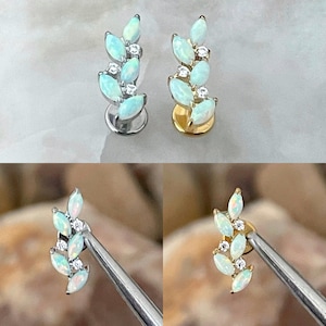 ASTM F136 Titanium Marquise Opal & Round Cubic Zirconia Gem Vine Leaf Tree Climber Cluster Labret Helix Conch Cartilage Tragus 1.2mm 6/8mm
