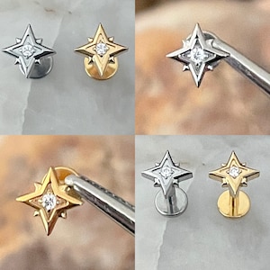 ASTM F136 Titanium Shooting Star With Gem Centre Labret Helix Conch Cartilage Tragus 1.2mm 6mm 8mm