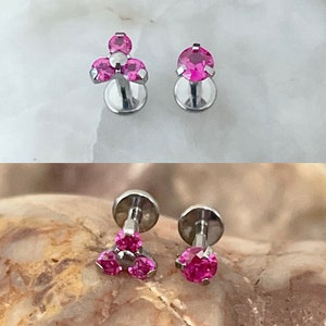 ASTM F136 Titanium Cerise Pink Trinity Claw Labret & 3mm Round Gem Labret Set 1.2mm 6/8mm