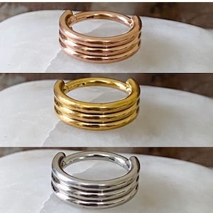 Beautiful Triple Stacked Hinged Septum Clicker Daith Rook Ear Ring 1.2mm 8mm - Choice of 3 Colours