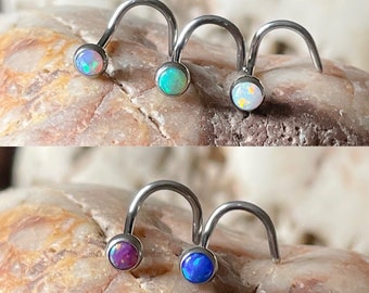 ASTM F136 Titanium 3mm Bezel Set Opal Curved/Screw Nose Stud 0.8mm - Choice of 5 Colours