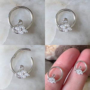 Silver Swan Cubic Zirconia Gem Hinged Septum Clicker Daith Rook Ear Ring 1.2mm 8mm or 10mm