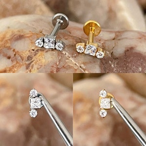 ASTM F136 Titanium Tiny Slightly Curved Triple Gem - Square & Double Round Cubic Zirconia Labret Helix Conch Cartilage Tragus 1.2mm 6/8mm