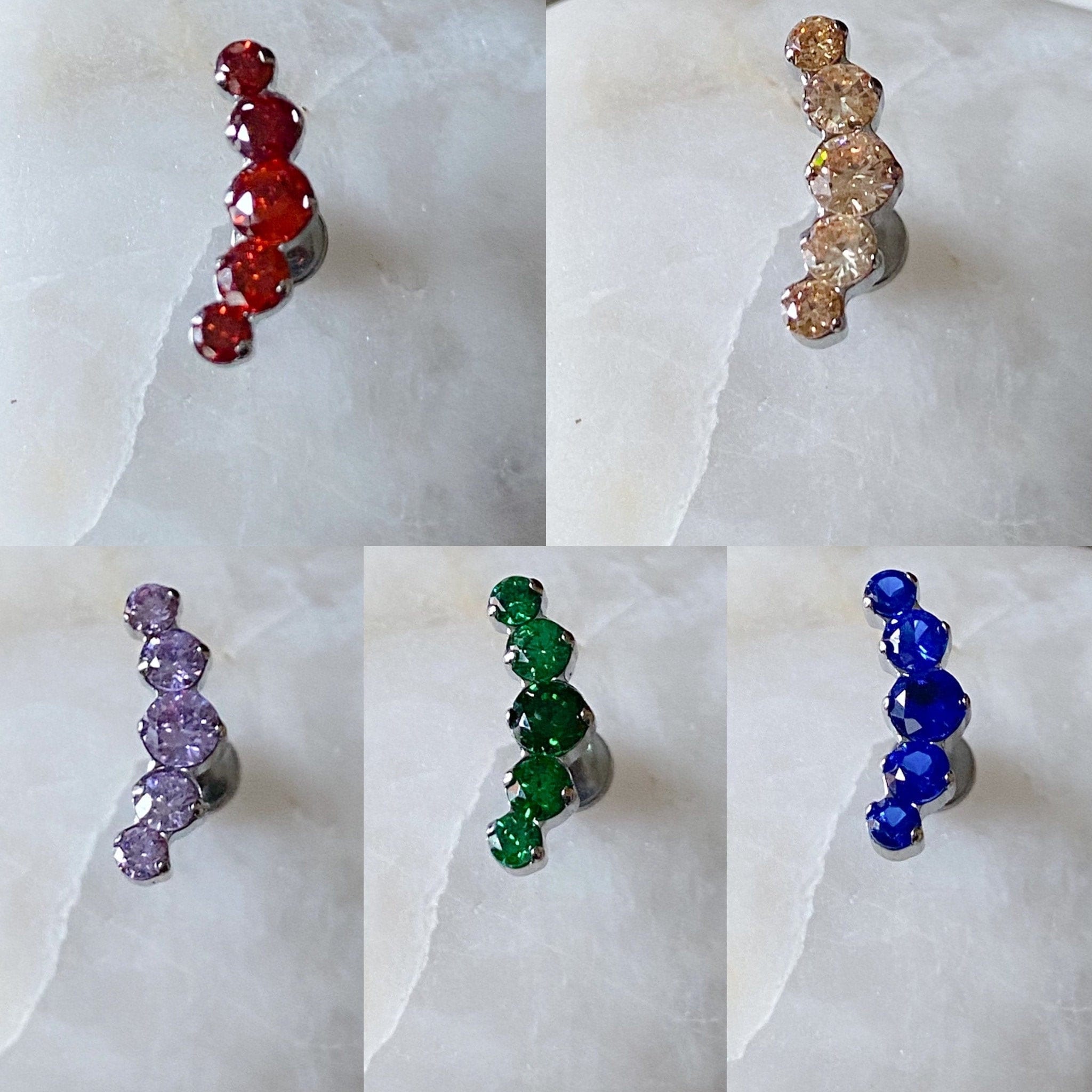 ASTM F136 Titanium 5 x Prong Gem Curved Cluster Labret Helix Conch Cartilage Flat 1.2mm 6/8mm