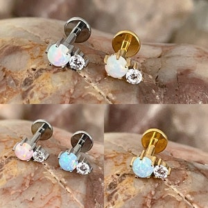 ASTM F136 Titanium Opal & Cubic Zirconia Gem Prong Set  Labret Helix Conch Lip Monroe Tragus 1.2mm 6/8mm