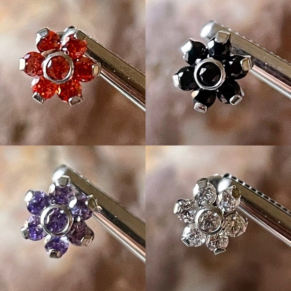 ASTM F136 Titanium Gem Flower Labret Helix Conch Lip Monroe Cartilage Tragus - 5 Colours 1.2mm 6mm/8mm