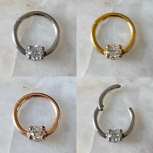 3.5mm Round Gem Prong Set Hinged Septum Clicker Daith Rook Ear Ring 1.2mm 8mm - Choice of 3 Colours