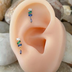 ASTM F136 Titanium Triple Baguette with Marquise Drop Charm Dangle Effect Labret Helix Conch Cartilage Tragus 1.2mm 6/8mm
