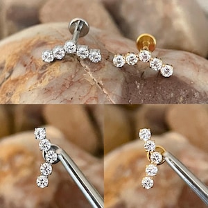 ASTM F136 Titanium 5 x Cubic Zirconia Gem Chevron V Shape Effect Prong Set Curved Labret Helix Conch Cartilage Tragus 1.2mm 6/8mm