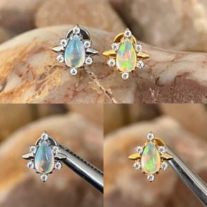 ASTM F136 Titanium Teardrop Pear Jelly Opal & Cubic Zirconia Gem with Marquise Centre Ends Labret Helix Conch Cartilage Tragus 1.2mm 6/8mm