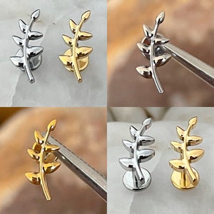 ASTM F136 Titanium Vine Leaf Curved Labret Helix Conch Cartilage Tragus 1.2mm 6mm 8mm