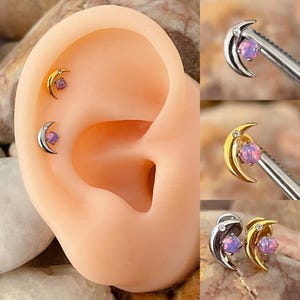 ASTM F136 Titanium Moon Crescent Opal & Gem Internally Threaded Labret Helix Conch Flat Cartilage Tragus 1.2mm 6/8mm