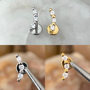 ASTM F136 Titanium Tiny Triple Cubic Zirconia Gem & Beaded Curved Labret Helix Conch Cartilage Tragus 1.2mm 6/8mm