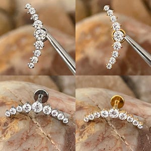 ASTM F136 Titanium 9 x Cubic Zirconia Gem Prong Set Curved Labret Helix Conch Cartilage Tragus 1.2mm 6/8mm