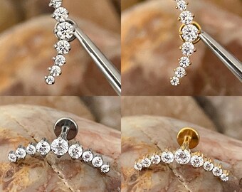 ASTM F136 Titanium 9 x Cubic Zirconia Gem Prong Set Curved Labret Helix Conch Cartilage Tragus 1.2mm 6/8mm